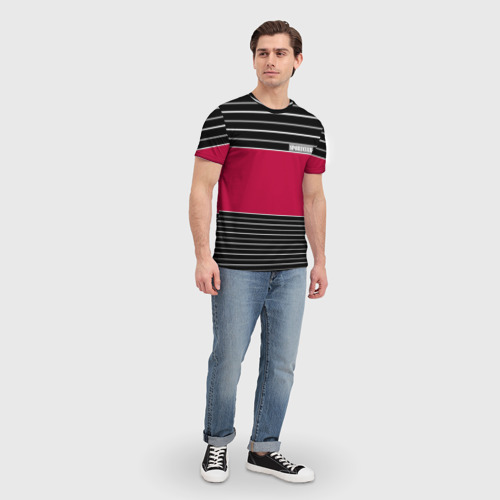 Мужская футболка 3D с принтом Красно-черный полосатый узор с лейблом Спортклуб, вид сбоку #3