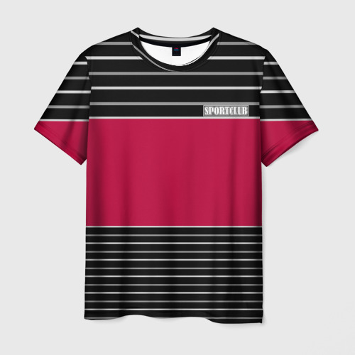 Мужская футболка 3D с принтом Красно-черный полосатый узор с лейблом Спортклуб, вид спереди #2