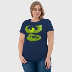 Светящаяся футболка с принтом Lime eyes are an illusion для любого человека, вид спереди №4. Цвет основы: темно-синий