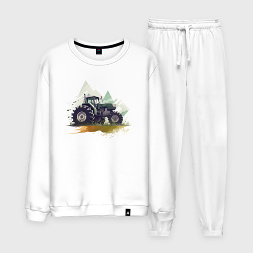 Мужской костюм хлопок с принтом Farming Simulator - Tractor and mountains, вид спереди #2