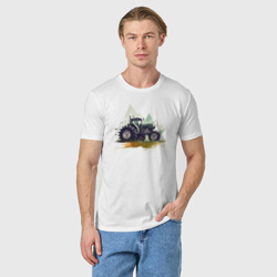 Футболка с принтом Farming Simulator - Tractor and mountains для мужчины, вид на модели спереди №2. Цвет основы: белый