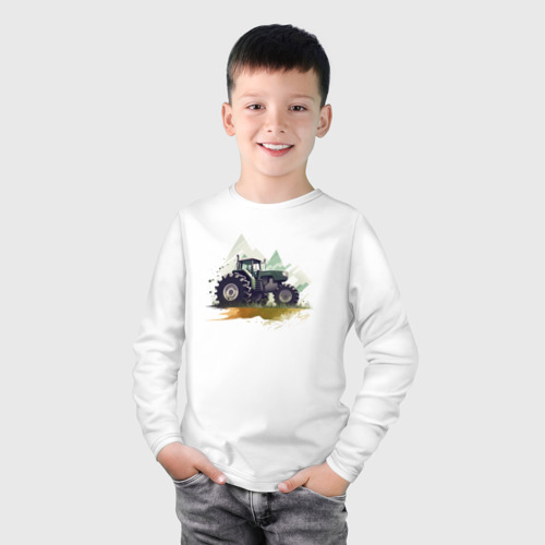 Детский лонгслив хлопок с принтом Farming Simulator - Tractor and mountains, фото на моделе #1