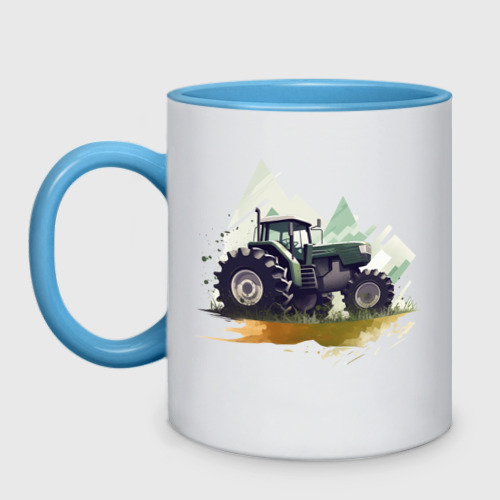 Кружка двухцветная Farming Simulator - Tractor аnd mountains, цвет белый + небесно-голубой