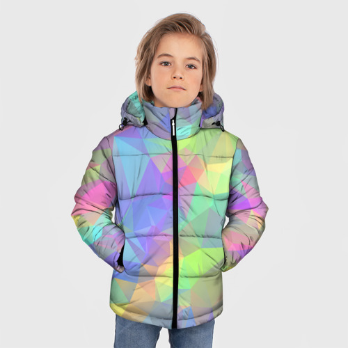 Зимняя куртка для мальчиков 3D с принтом Многоцветные переливающиеся многоугольники, фото на моделе #1