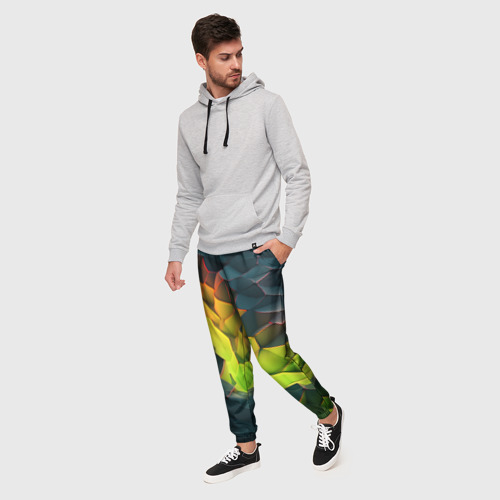 Мужские брюки 3D с принтом Объемные плиты с зеленым свечением, фото на моделе #1