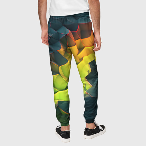 Мужские брюки 3D с принтом Объемные плиты с зеленым свечением, вид сзади #2