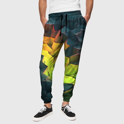 Мужские брюки 3D с принтом Объемные плиты с зеленым свечением, вид сбоку #3