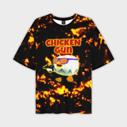 Мужская футболка oversize 3D Chicken Gun на фоне огня
