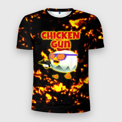 Мужская футболка 3D Slim Chicken Gun на фоне огня