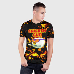 Мужская футболка 3D Slim Chicken Gun на фоне огня - фото 2