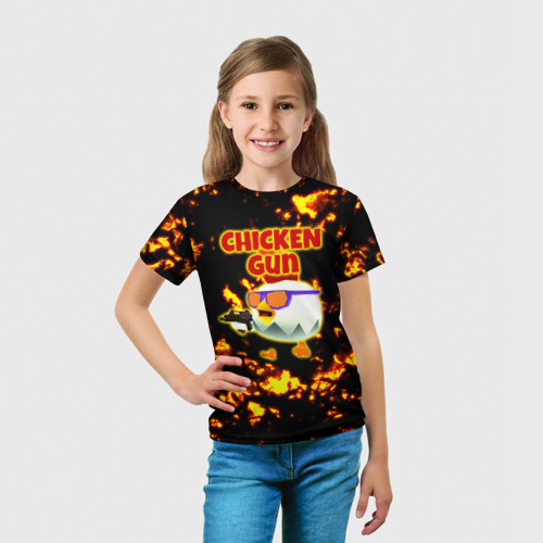 Детская футболка 3D Chicken Gun на фоне огня, цвет 3D печать - фото 5