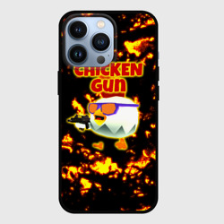 Чехол для iPhone 13 Pro Chicken Gun на фоне огня