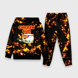 Детский костюм с толстовкой 3D Chicken Gun на фоне огня