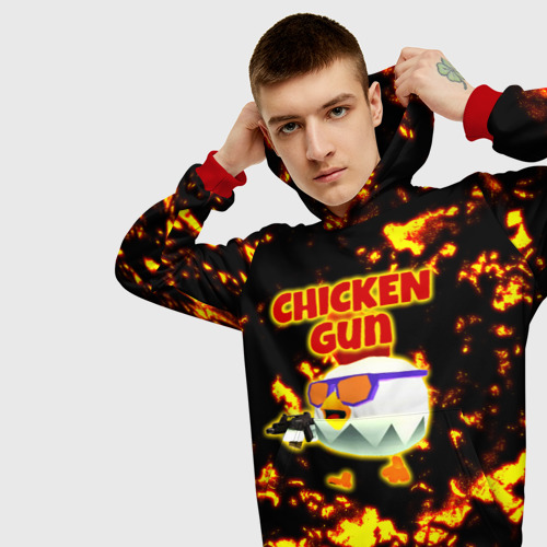 Мужская толстовка 3D с принтом Chicken Gun на фоне огня, вид сбоку #3