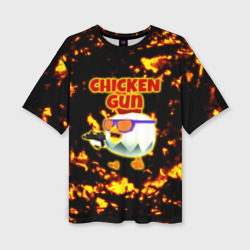 Женская футболка oversize 3D Chicken Gun на фоне огня