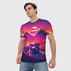 Мужская футболка 3D Ретро машина на закате - неон - фото 2