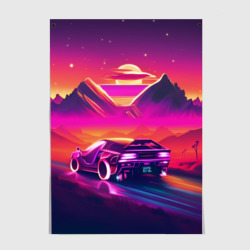 Постер Ретро машина на закате - неон