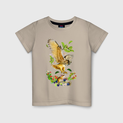 Детская футболка хлопок с принтом Сова на охоте, вид спереди #2