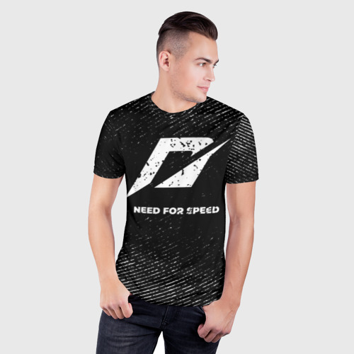 Мужская футболка 3D Slim с принтом Need for Speed с потертостями на темном фоне, фото на моделе #1