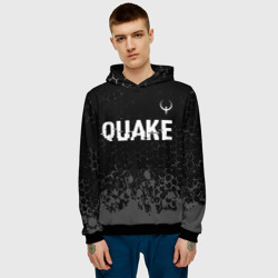 Толстовка с принтом Quake glitch на темном фоне: символ сверху для мужчины, вид на модели спереди №2. Цвет основы: черный