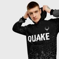 Толстовка с принтом Quake glitch на темном фоне: символ сверху для мужчины, вид на модели спереди №3. Цвет основы: черный