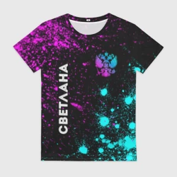 Женская футболка 3D Светлана и неоновый герб России: надпись, символ