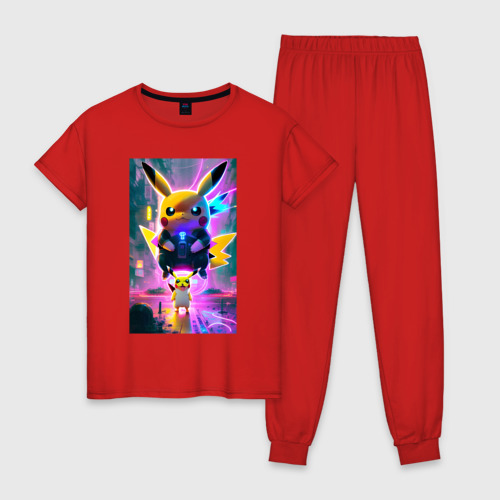 Женская пижама хлопок Stand of Pikachu - city fantasy, цвет красный
