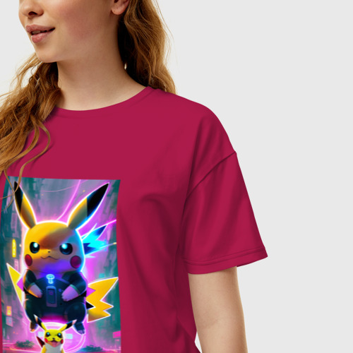 Женская футболка хлопок Oversize с принтом Stand of Pikachu - city fantasy, фото на моделе #1