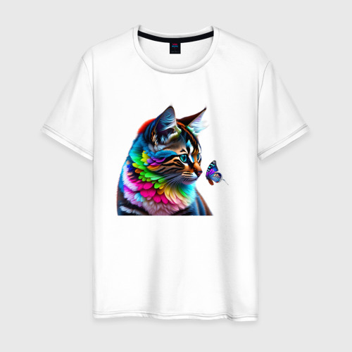 Мужская футболка хлопок с принтом Красочный котенок с бабочкой, вид спереди #2