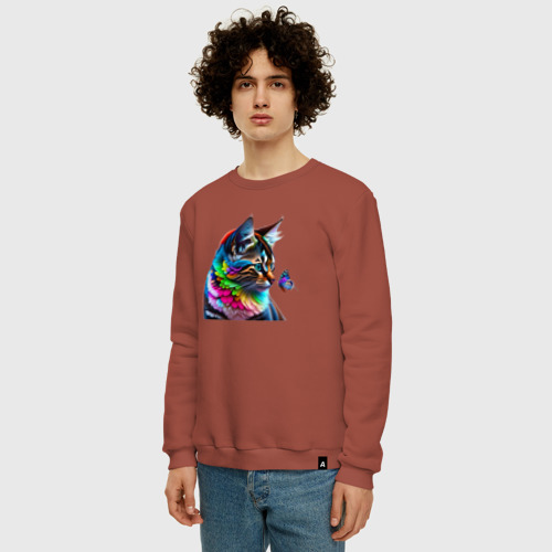 Мужской свитшот хлопок Красочный котенок с бабочкой, цвет кирпичный - фото 3