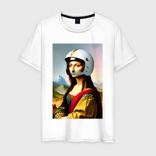 Мужская футболка из хлопка с принтом Мона Лиза в шлеме - нейросеть, вид спереди №1