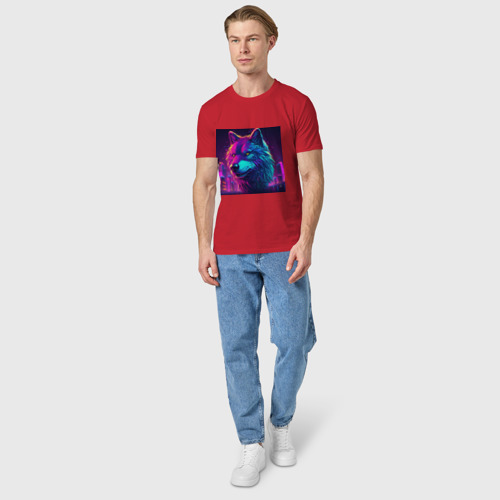 Мужская футболка хлопок с принтом Волк в свете неонового Киберпанк-города, вид сбоку #3