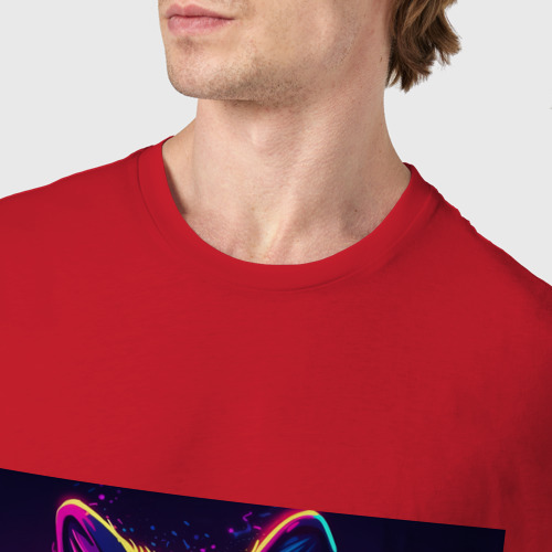 Мужская футболка хлопок с принтом Волк в свете неонового Киберпанк-города, фото #4