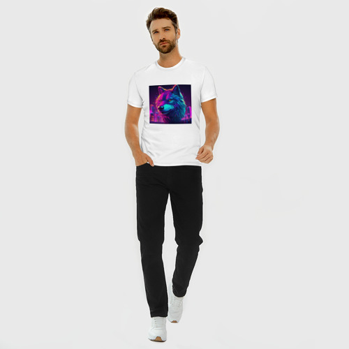 Мужская футболка хлопок Slim с принтом Волк в свете неонового киберпанк-города, вид сбоку #3