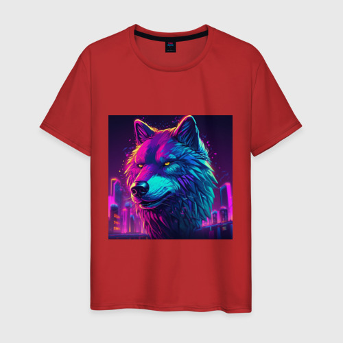 Мужская футболка хлопок с принтом Волк в свете неонового Киберпанк-города, вид спереди #2