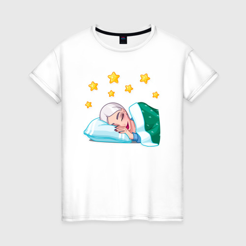 Женская футболка из хлопка с принтом Снежная королева сладко спит, вид спереди №1
