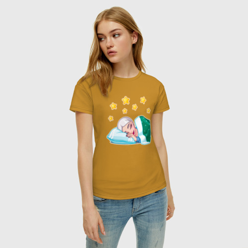 Женская футболка хлопок Снежная королева сладко спит, цвет горчичный - фото 3