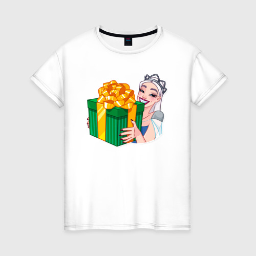 Женская футболка из хлопка с принтом Снежная королева получила подарок, вид спереди №1