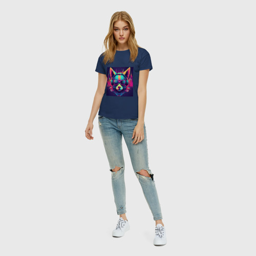 Женская футболка хлопок с принтом Лис в очках на фоне неонового кибер-города, вид сбоку #3