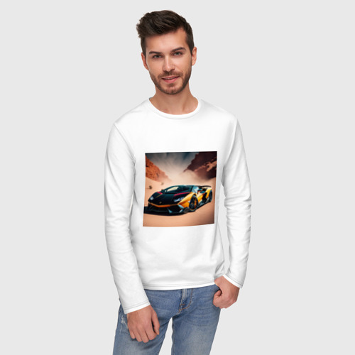 Мужской лонгслив хлопок с принтом Lamborghini Aventador, фото на моделе #1