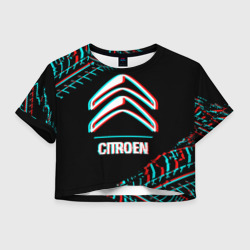 Женская футболка Crop-top 3D Значок Citroen в стиле glitch на темном фоне