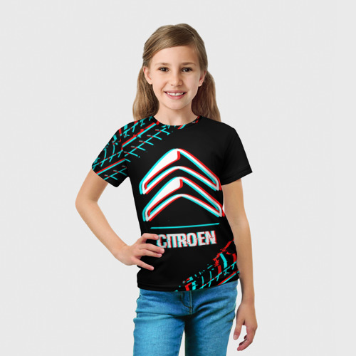 Детская футболка 3D Значок Citroen в стиле glitch на темном фоне, цвет 3D печать - фото 5