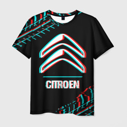 Мужская футболка 3D Значок Citroen в стиле glitch на темном фоне