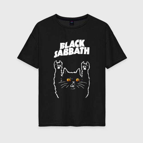 Женская футболка хлопок Oversize Black Sabbath rock cat, цвет черный