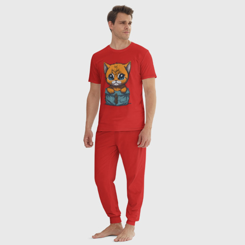 Мужская пижама хлопок с принтом Рыжий котик в сумке, вид сбоку #3
