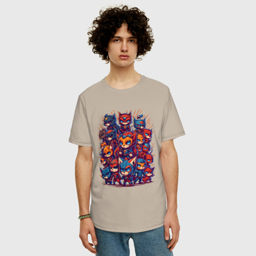 Мужская футболка хлопок Oversize с принтом Коты супергерои, фото на моделе #1
