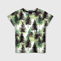 Детская футболка 3D Хвойный лес - акварель в зеленых тонах