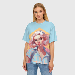 Женская футболка oversize 3D Девушка пин-ап: голубые, розовые, желтые полосы - фото 2