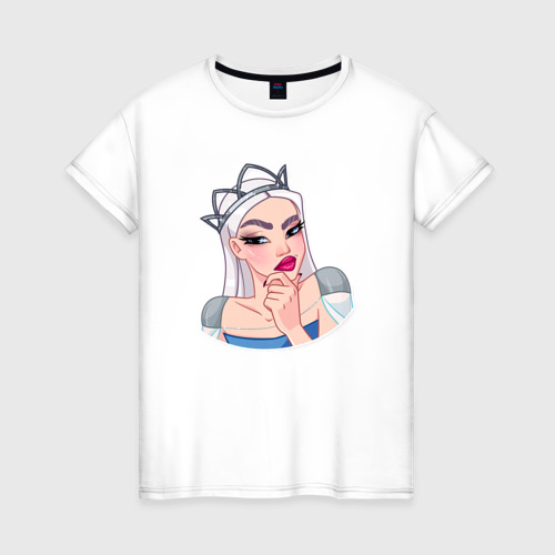 Женская футболка из хлопка с принтом Снежная королева задумалась, вид спереди №1