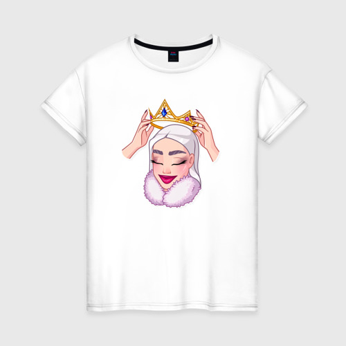 Женская футболка из хлопка с принтом Снежная королева надевает корону, вид спереди №1